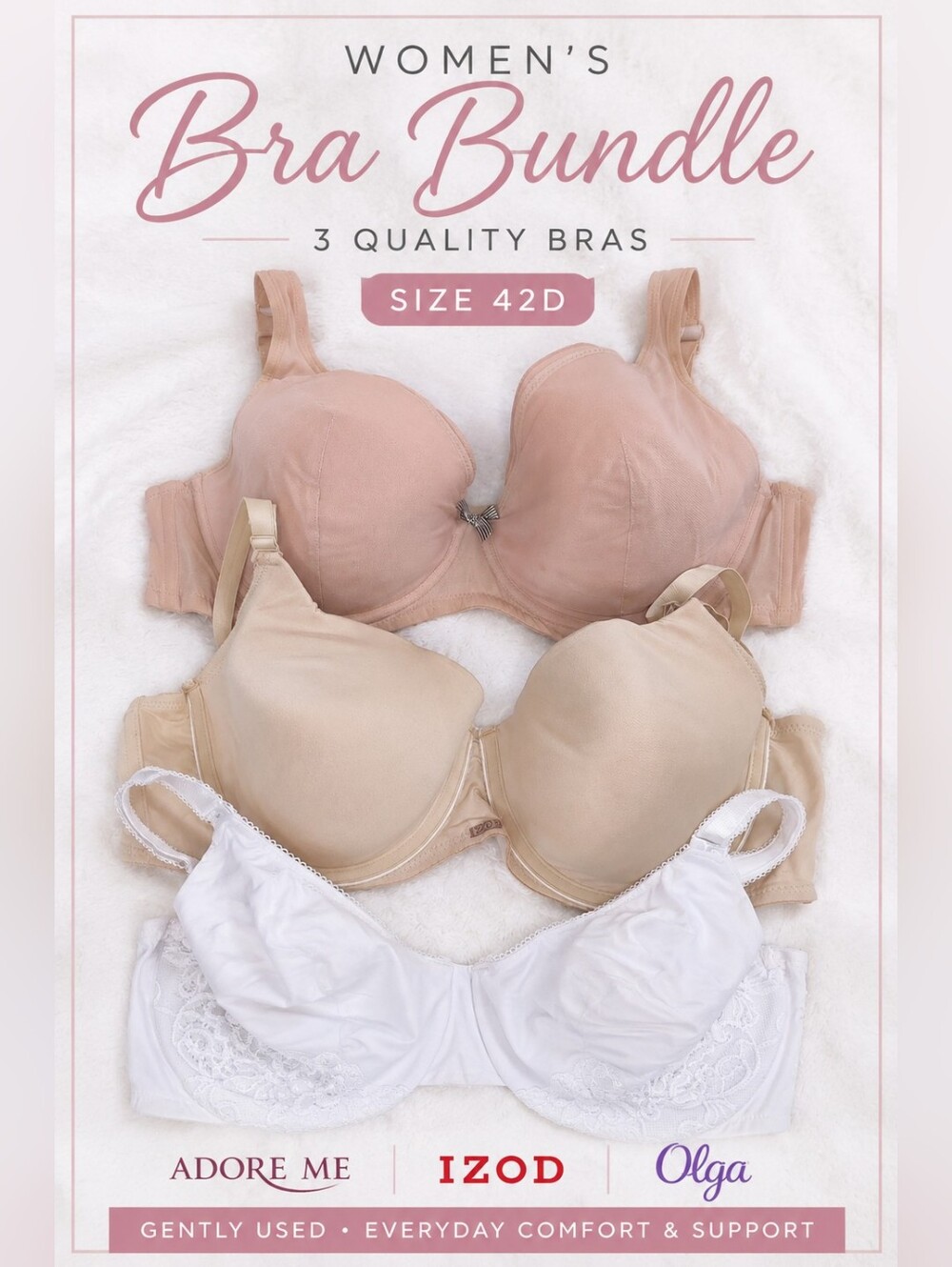 42D Bra Bundle 3 Adore Me IZOD Olga Nude White T Shirt Full Coverage Bras